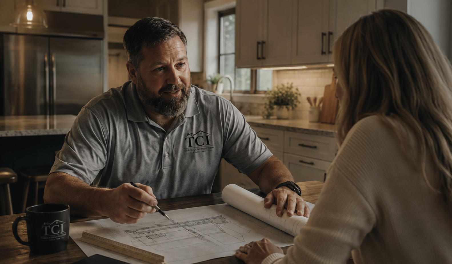 Tobin Construction owner meeting with a client over blueprints